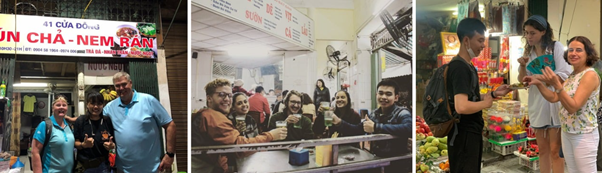 Three images of people enjoying food in different street food settings.