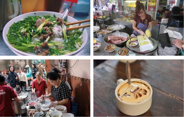 Collage of a noodle dish, street food vendors, and a cup of decorative coffee.