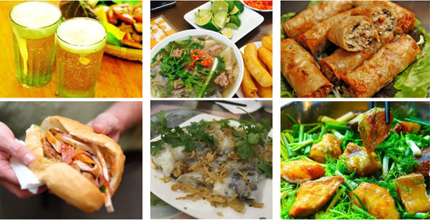 Collage of Vietnamese food: beer, pho, spring rolls, bánh mì, bánh xèo, and grilled fish.