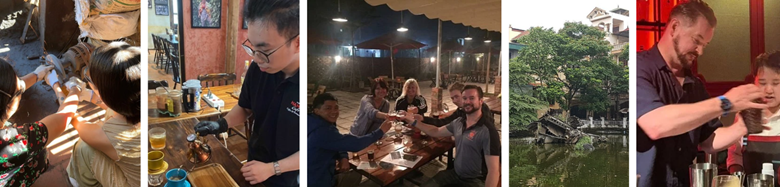 Four images of people dining and making coffee in various settings.