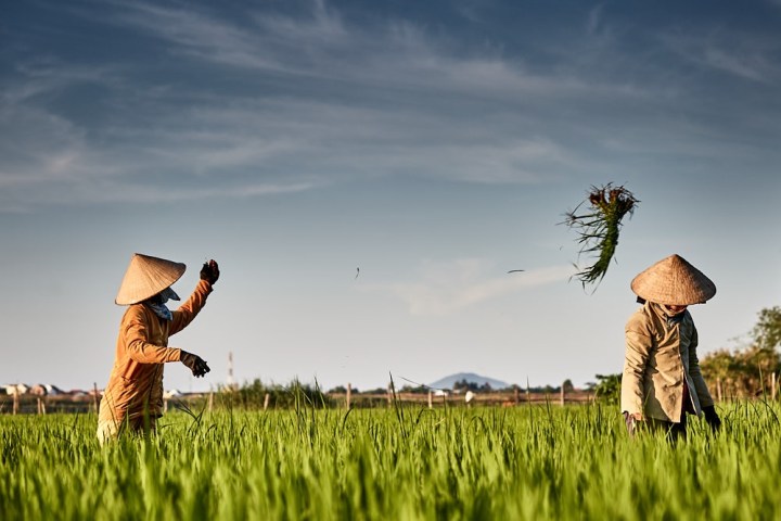 a man standing on top of a grass covered field