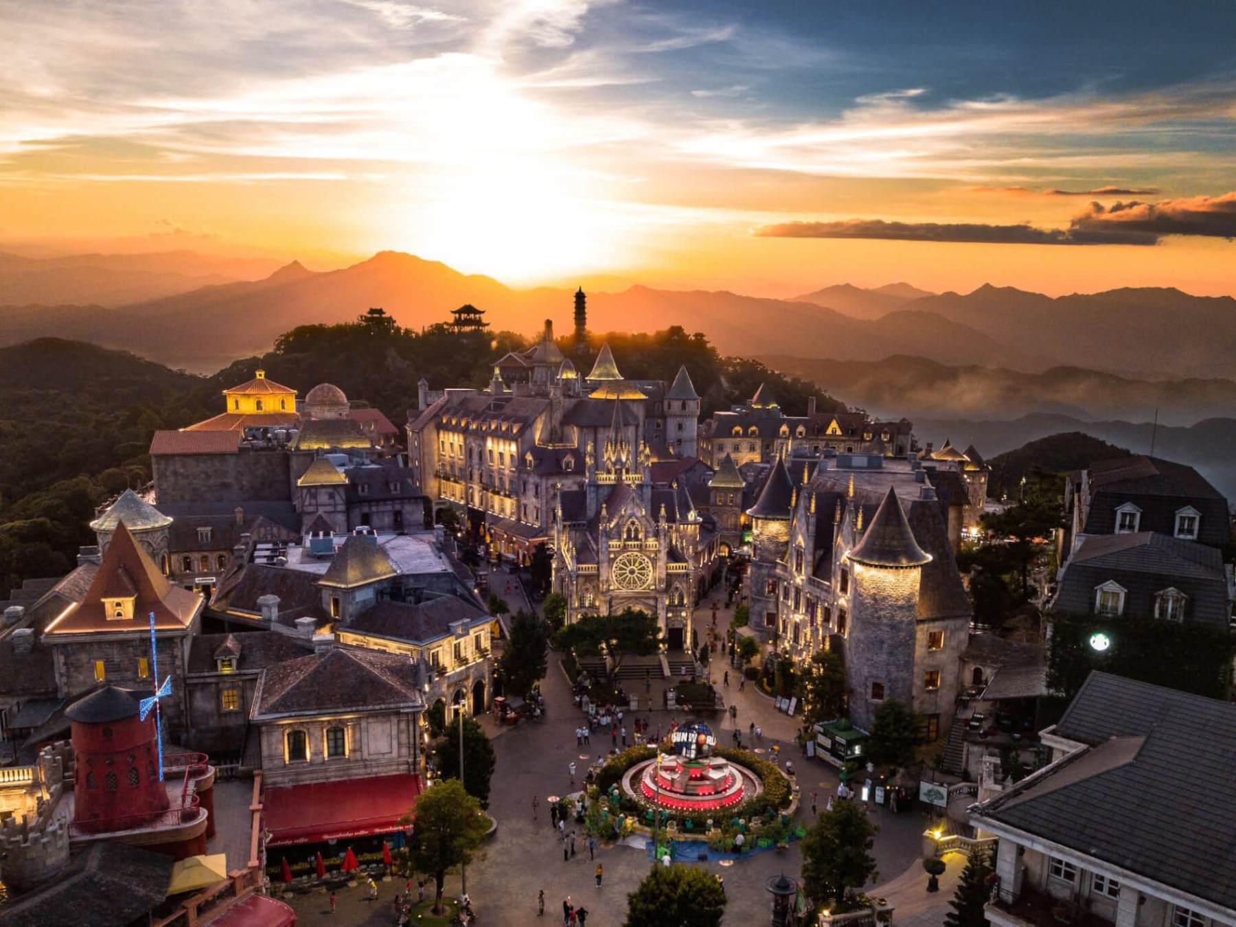 a view of a city at sunset