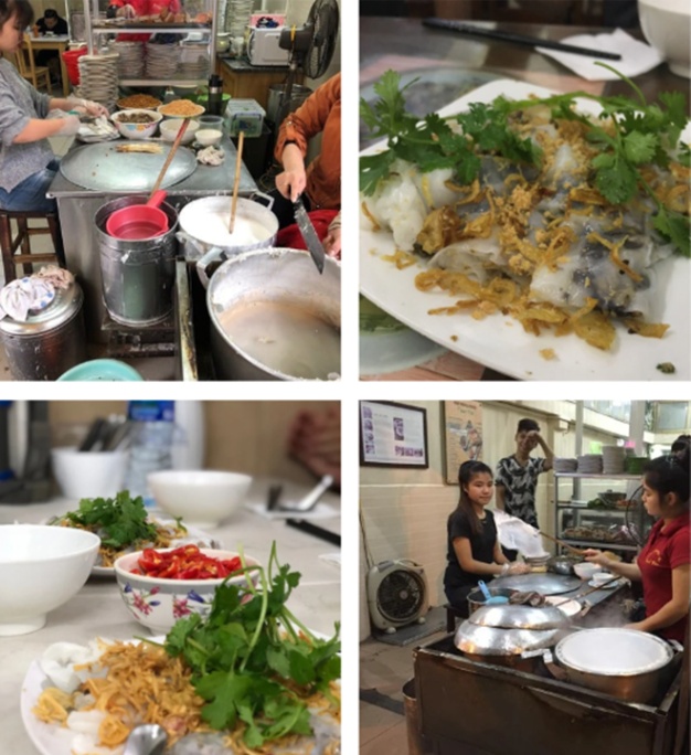 Collage of Vietnamese street food preparation and dishes with herbs and fried onions.