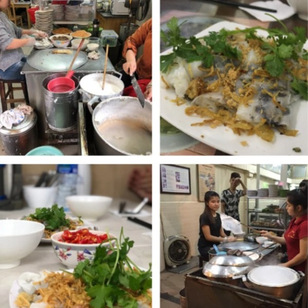 Collage of Vietnamese street food preparation and dishes with herbs and fried onions.