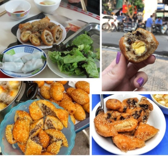 Collage of various Vietnamese fried and steamed dumplings on different plates.