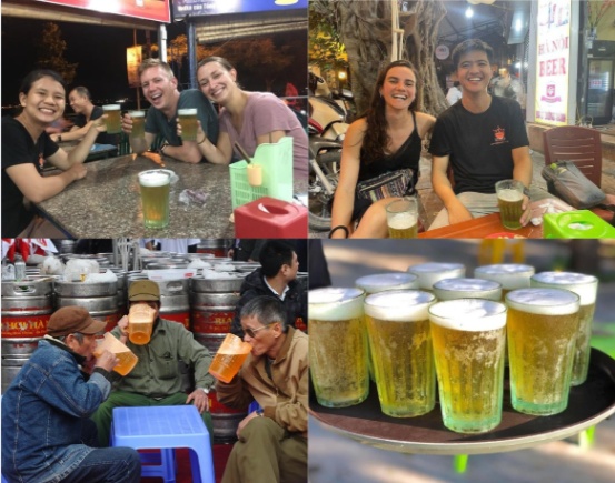 Collage of people enjoying beer at outdoor tables and close-up of beer glasses on tray.