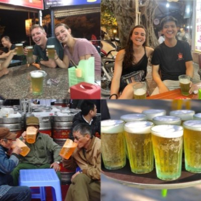 Collage of people enjoying beer at outdoor tables and close-up of beer glasses on tray.