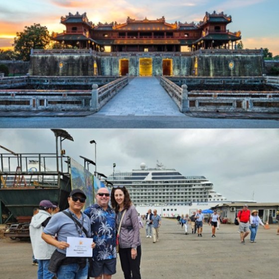 Top: Historic building at sunset. Bottom: Three people posing at a port with a cruise ship in the background.