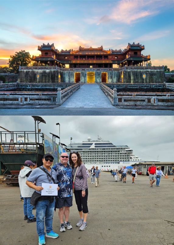 Top: Historic building at sunset. Bottom: Three people posing at a port with a cruise ship in the background.