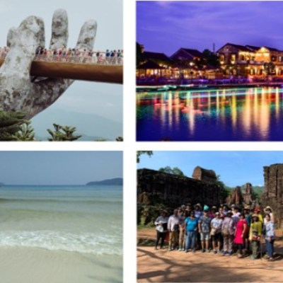 Collage: hand bridge, vibrant lit town, beach with clear water, group by ancient ruins.