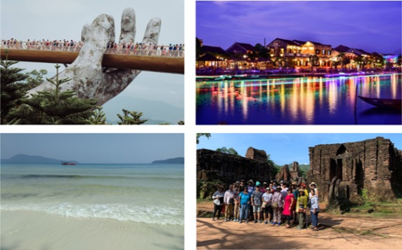 Collage: hand bridge, vibrant lit town, beach with clear water, group by ancient ruins.