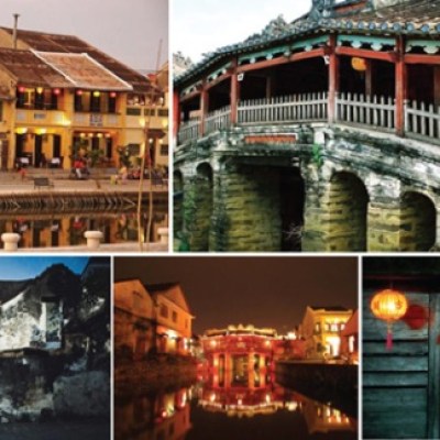 Collage of historic buildings and a lit bridge in Hoi An, Vietnam.