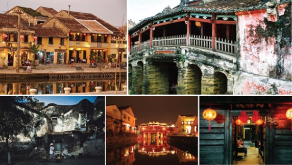Collage of historic buildings and a lit bridge in Hoi An, Vietnam.