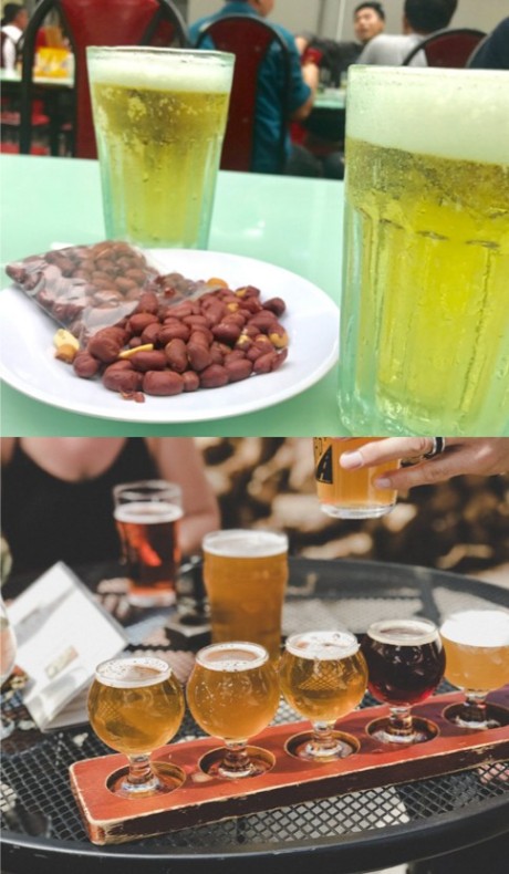 Top: Two green drinks, nuts on plate. Bottom: Beer flight on table, hands reaching.
