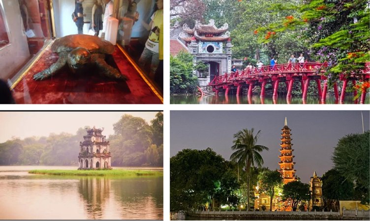 Four scenic views: turtle exhibit, red bridge, tower on a lake, illuminated pagoda.