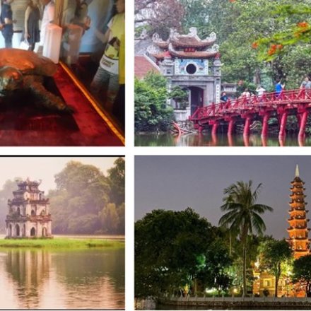 Four scenic views: turtle exhibit, red bridge, tower on a lake, illuminated pagoda.