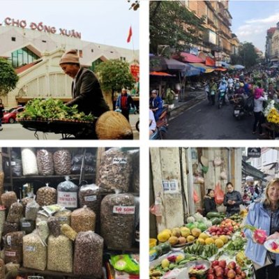 Four market scenes with people shopping for fruits, vegetables, grains, and flowers at Chợ Đồng Xuân.