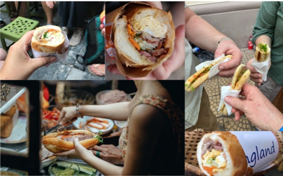 Collage of people holding Vietnamese banh mi sandwiches in various settings.