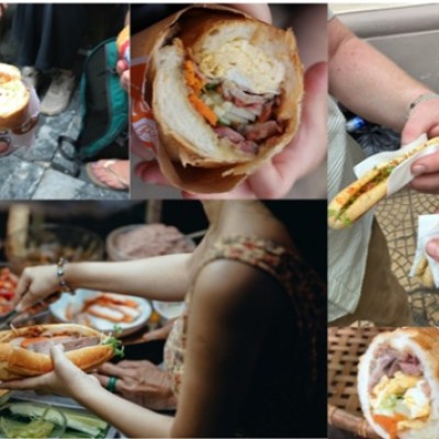 Collage of people holding Vietnamese banh mi sandwiches in various settings.