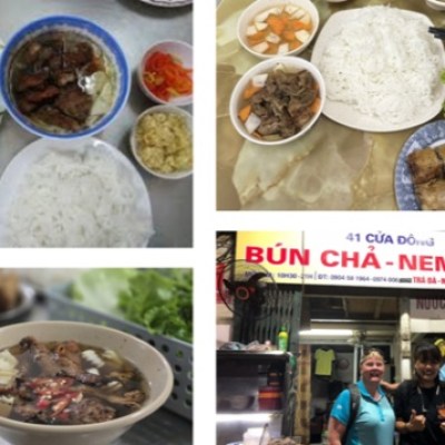 Collage of Vietnamese bun cha dishes and three people in front of a bun cha restaurant.