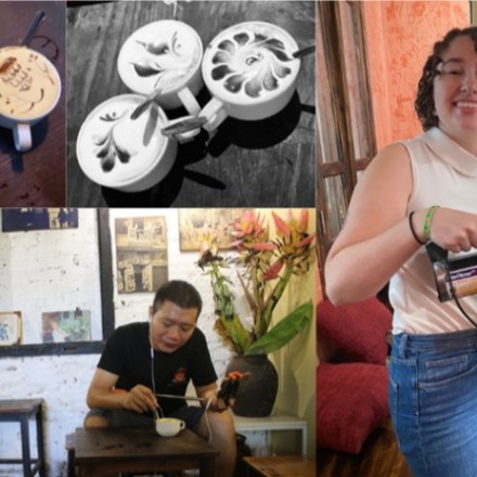 Collage with latte art, person making coffee, and woman holding a coffee pot.
