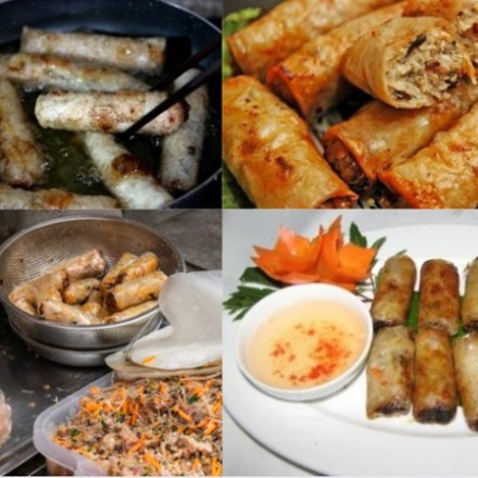 Collage of fried spring rolls being prepared, cooked, and served with dipping sauce.