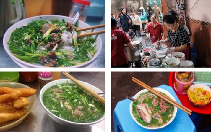 Collage of Vietnamese pho dishes and people serving food on a street.