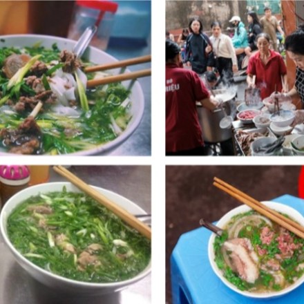 Collage of Vietnamese pho dishes and people serving food on a street.