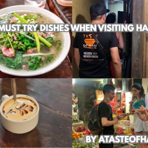 Collage: Pho bowl, coffee cup, people in narrow alley, market scene. Text: '10 Must Try Dishes When Visiting Hanoi'.