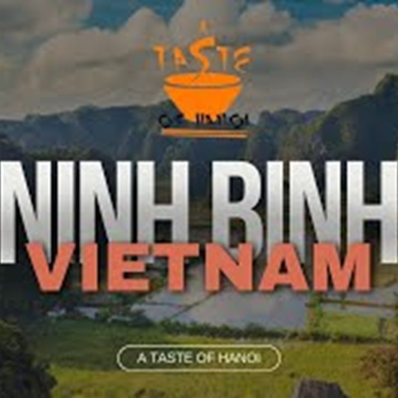 Text 'Ninh Binh Vietnam' over a scenic landscape with limestone hills.