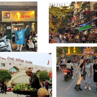 Four photos: people at a cafe, a busy street, Dong Xuan market, and tourists posing on a street.