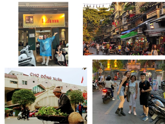 Four photos: people at a cafe, a busy street, Dong Xuan market, and tourists posing on a street.