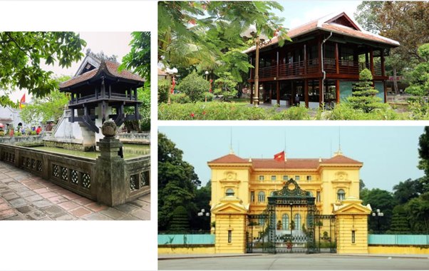 Collage of three historic buildings surrounded by greenery.