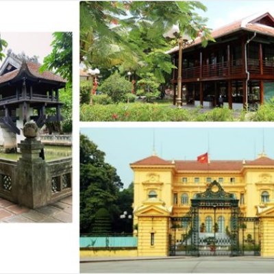 Collage of three historic buildings surrounded by greenery.