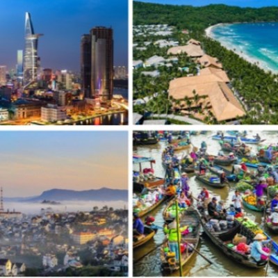 Collage: city skyline, beach resorts, foggy town, vibrant floating market.