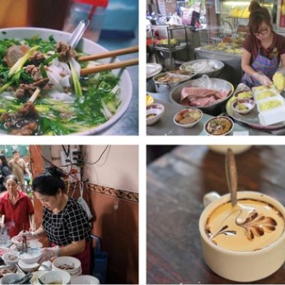 Collage of a noodle dish, street food vendors, and a cup of decorative coffee.