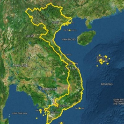 Map of Vietnam outlined in yellow, adjacent countries and waters labeled.