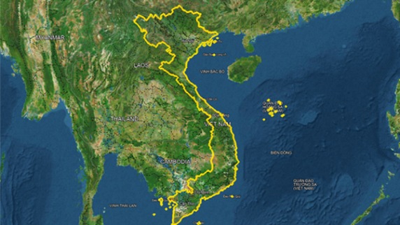 Map of Vietnam outlined in yellow, adjacent countries and waters labeled.