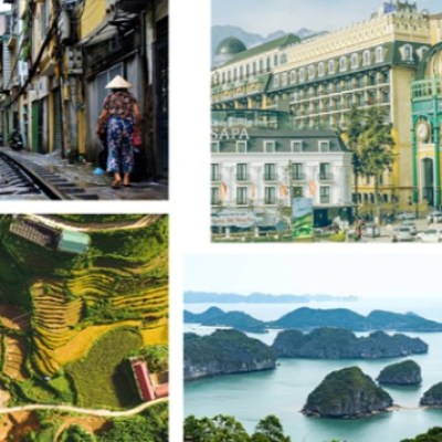 Collage of urban street, grand building, terraced farmland, and limestone islands.