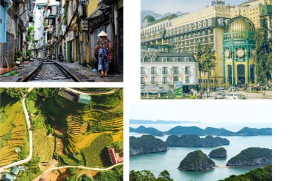 Collage of urban street, grand building, terraced farmland, and limestone islands.