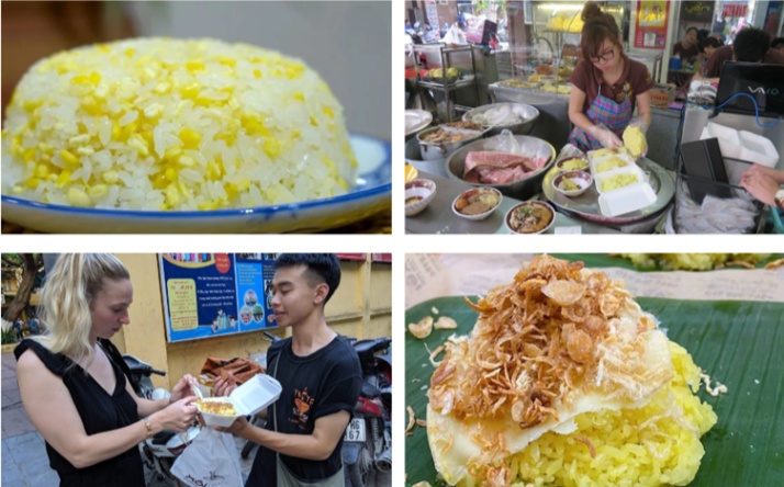 Collage of yellow sticky rice and people serving it in a street food setting.
