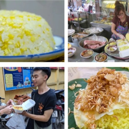 Collage of yellow sticky rice and people serving it in a street food setting.
