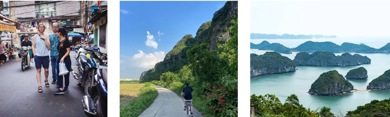 Three-part image: city street, cyclist on rural path, and bay with limestone islets.