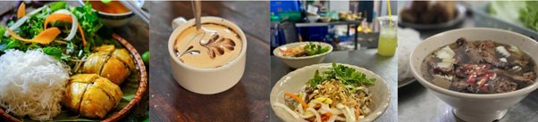 Various dishes and a coffee cup with latte art on a table.