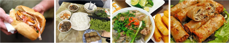 Collage of Vietnamese foods: banh mi, rice noodle meals, pho soup, and fried spring rolls on lettuce.