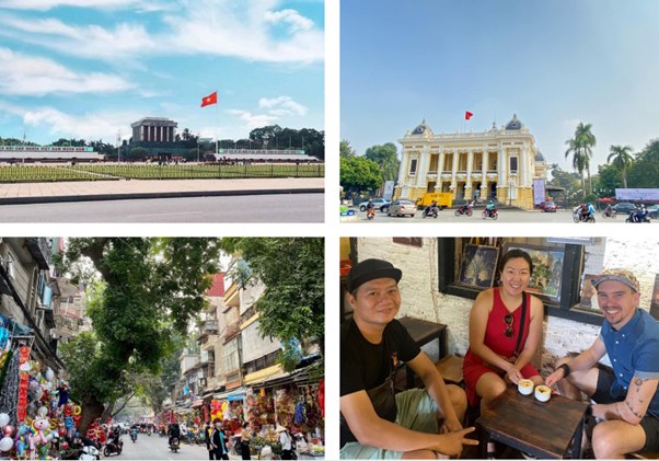 Collage of Hanoi landmarks and people at cafe: Mausoleum, Opera House, street market, and three people at a table.