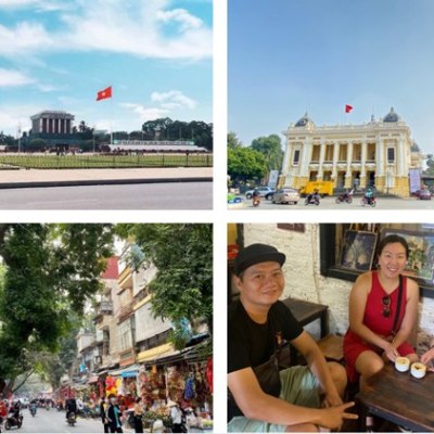 Collage of Hanoi landmarks and people at cafe: Mausoleum, Opera House, street market, and three people at a table.