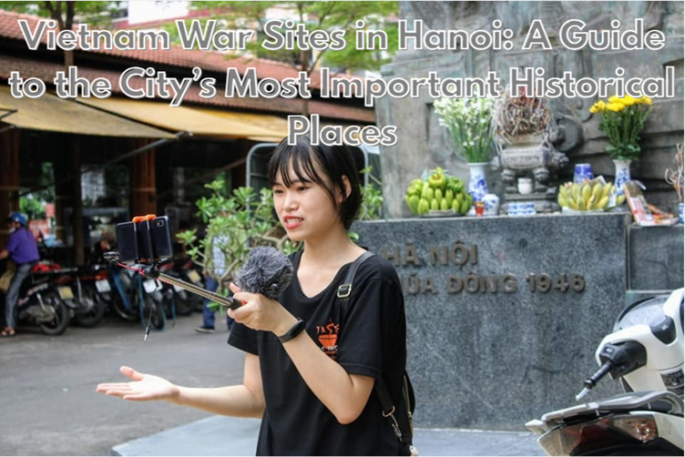 Woman guides tour at Hanoi war site, holding microphone and camera, with text overlay about historical places.