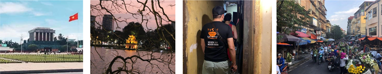 Four images: a building with a flag, a lake scene, narrow alley with people, and a bustling market street.