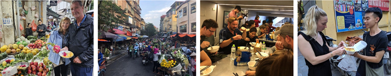 Four images of people enjoying markets, food, and street scenes in a variety of lively settings.
